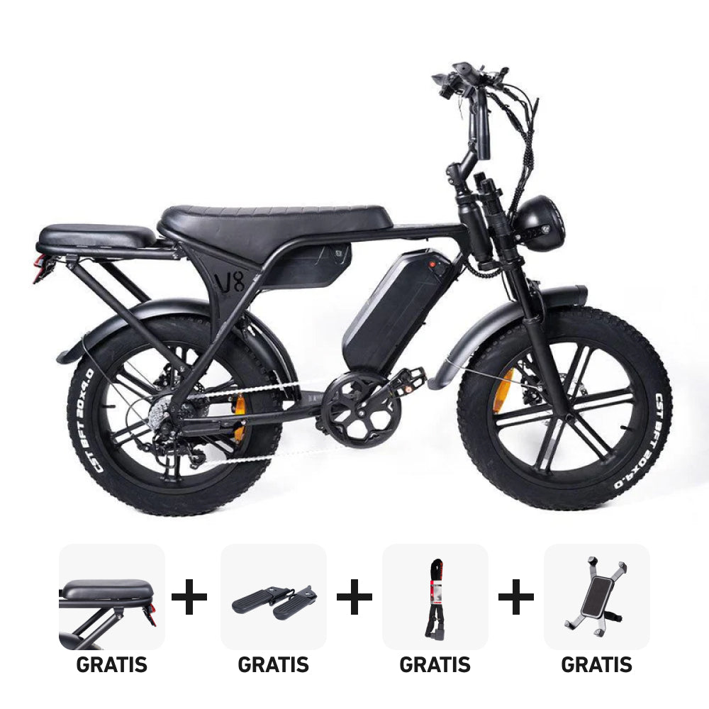 Black Friday Super Deal! | Ouxi V8.4 Max - Zwart + Extra Accu + Voetsteuntjes + Achterzitje + Kettingslot + Telefoonhouder - fatbikeskopen.nl