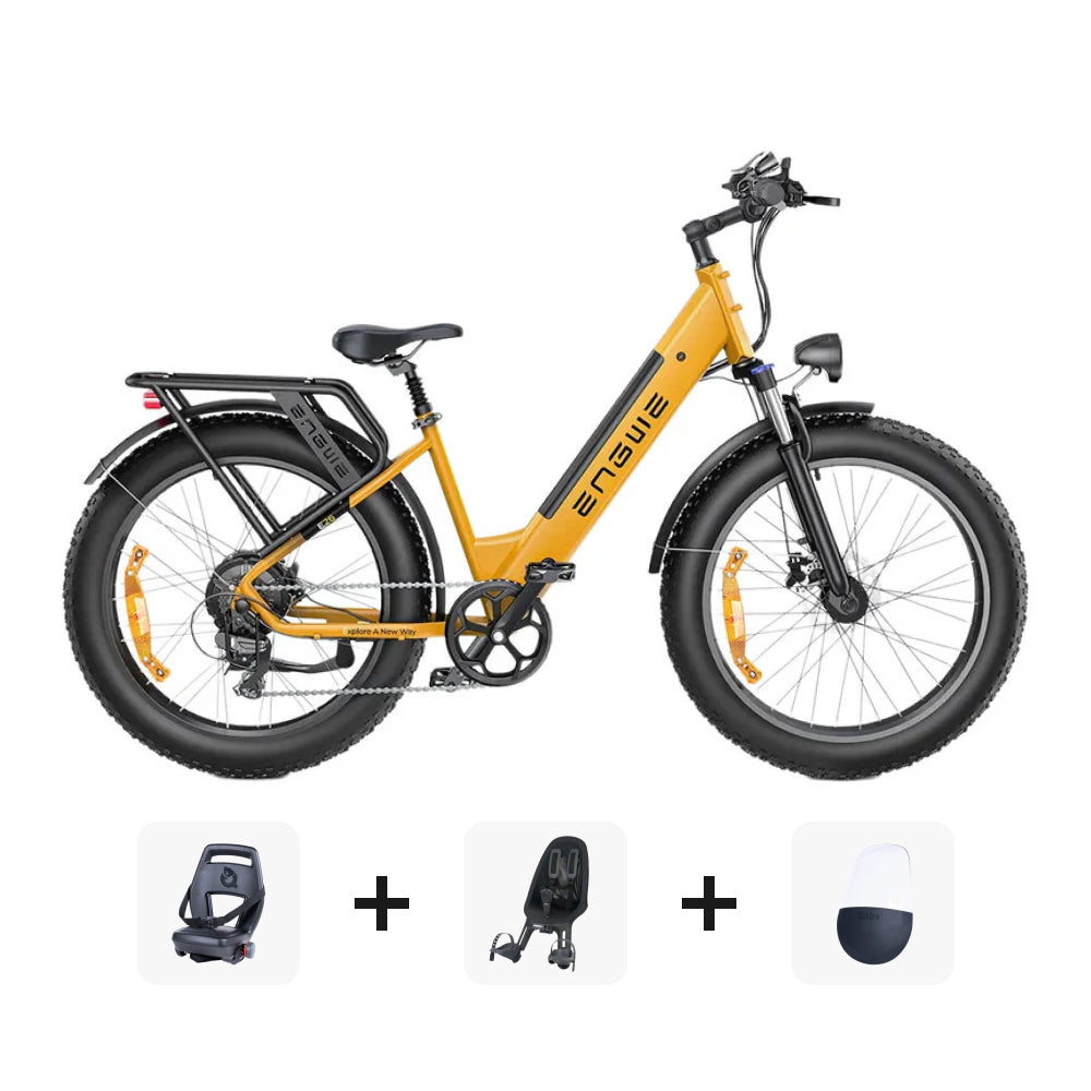 ENGWE E26 Family DEAL - Lage instap - Geel + kinderzitjes en windscherm - fatbikeskopen.nl